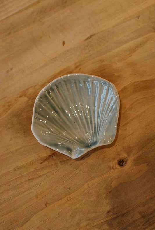 Ceramic Seashell Trinket Tray on a wooden surface